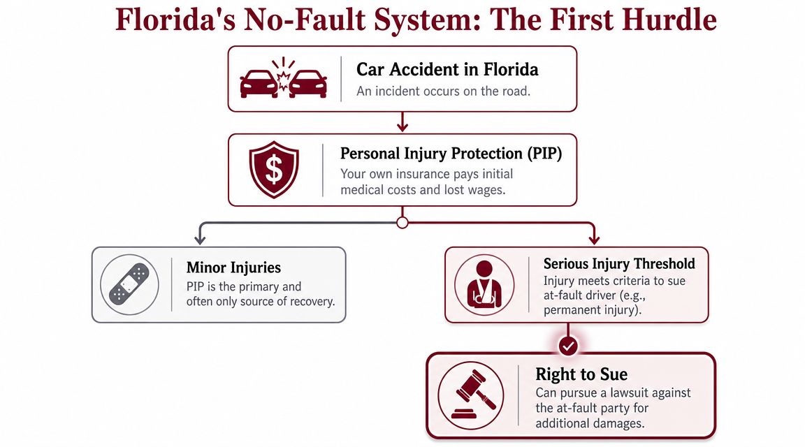 A flow chart explaining the Florida no-fault car accident insurance system and the serious injury threshold.