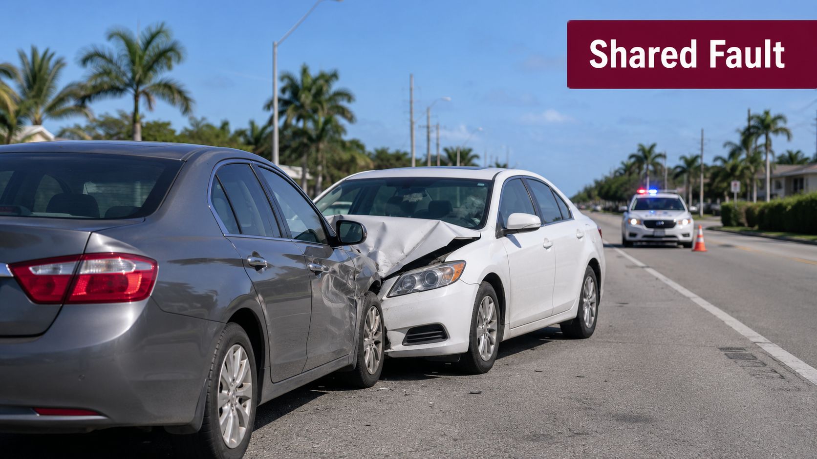 A gray sedan and a white sedan involved in a car accident with a police vehicle behind.